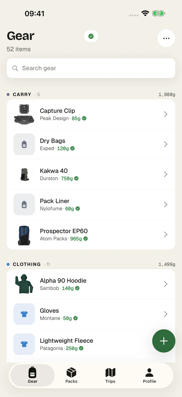 Gear inventory in the PackTracker app