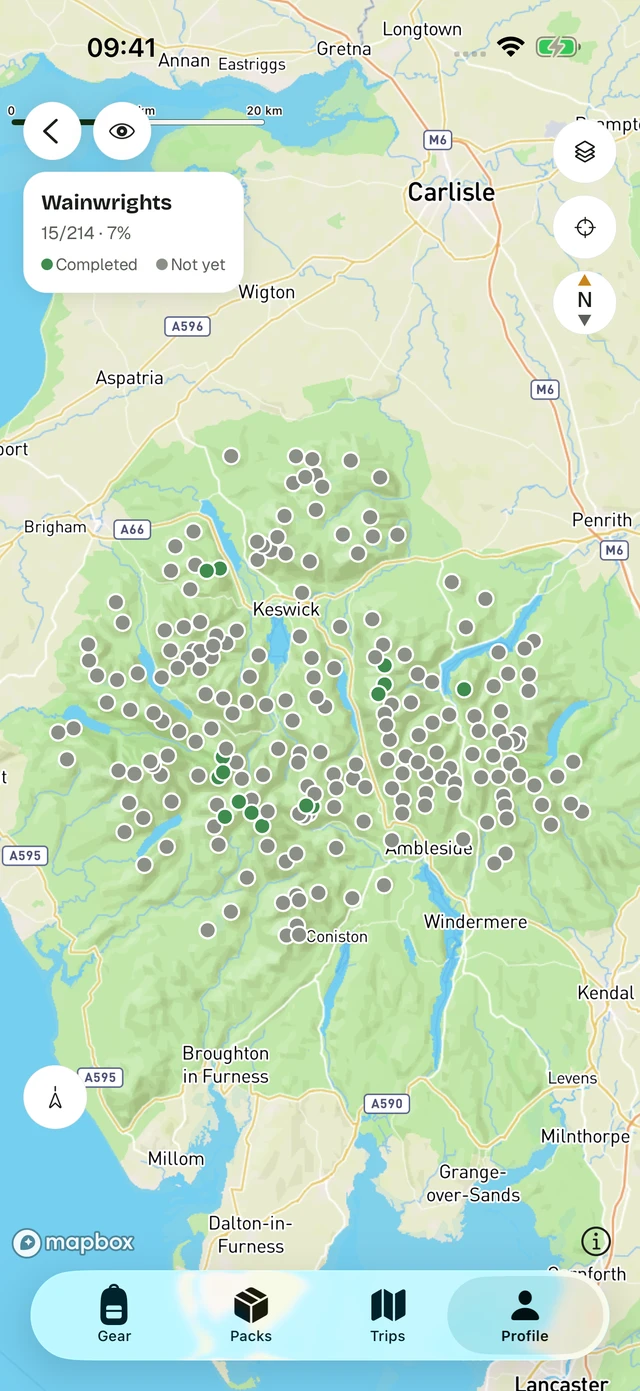 The Wainwrights collection with hills checked off in the PackTracker app