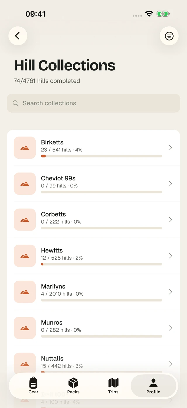Hill collections in the PackTracker app