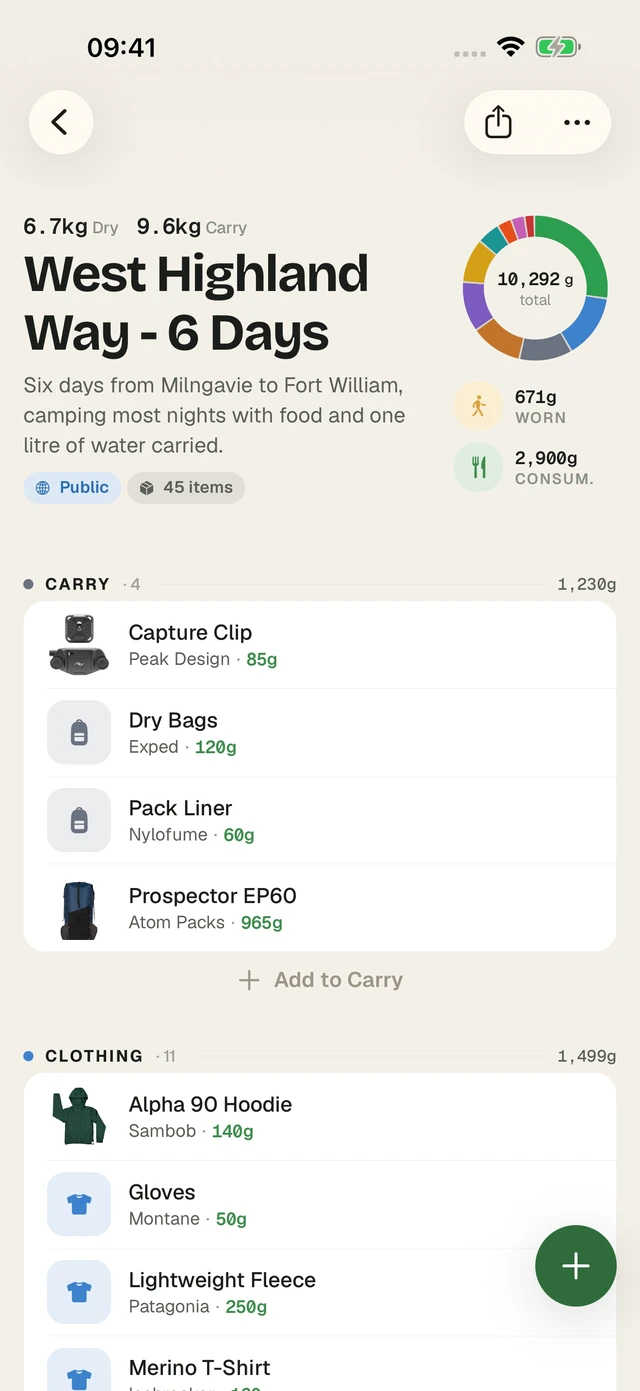 A pack in the PackTracker app