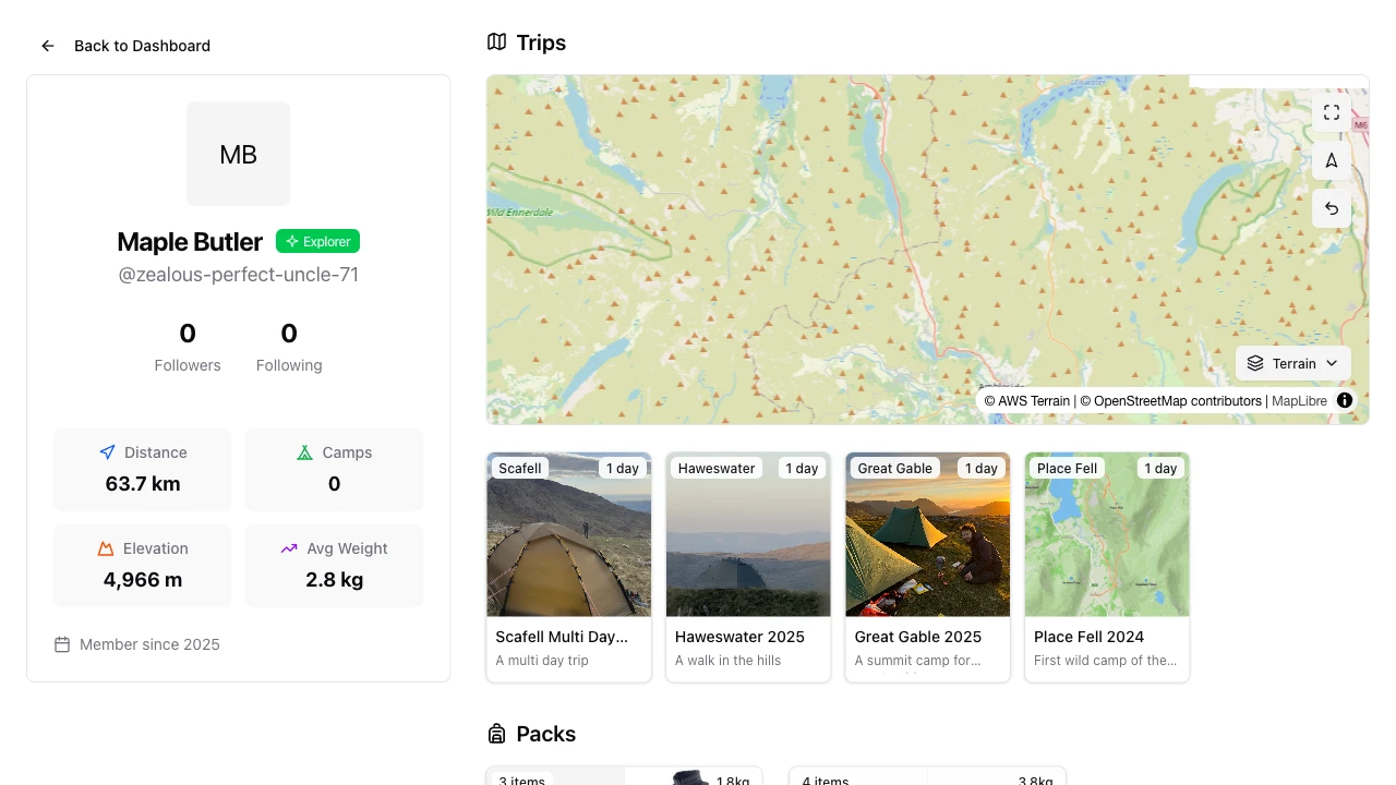 PackTracker profile on desktop