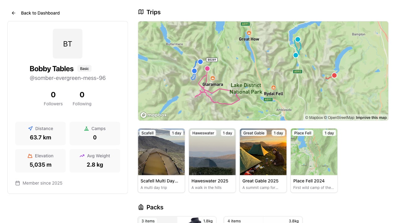 PackTracker profile on desktop