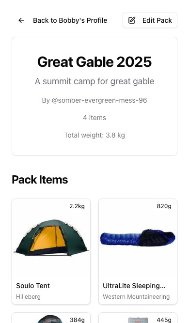 PackTracker profile on mobile