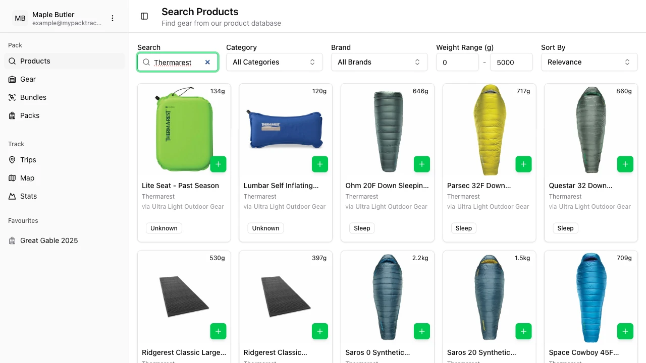 PackTracker product search on desktop