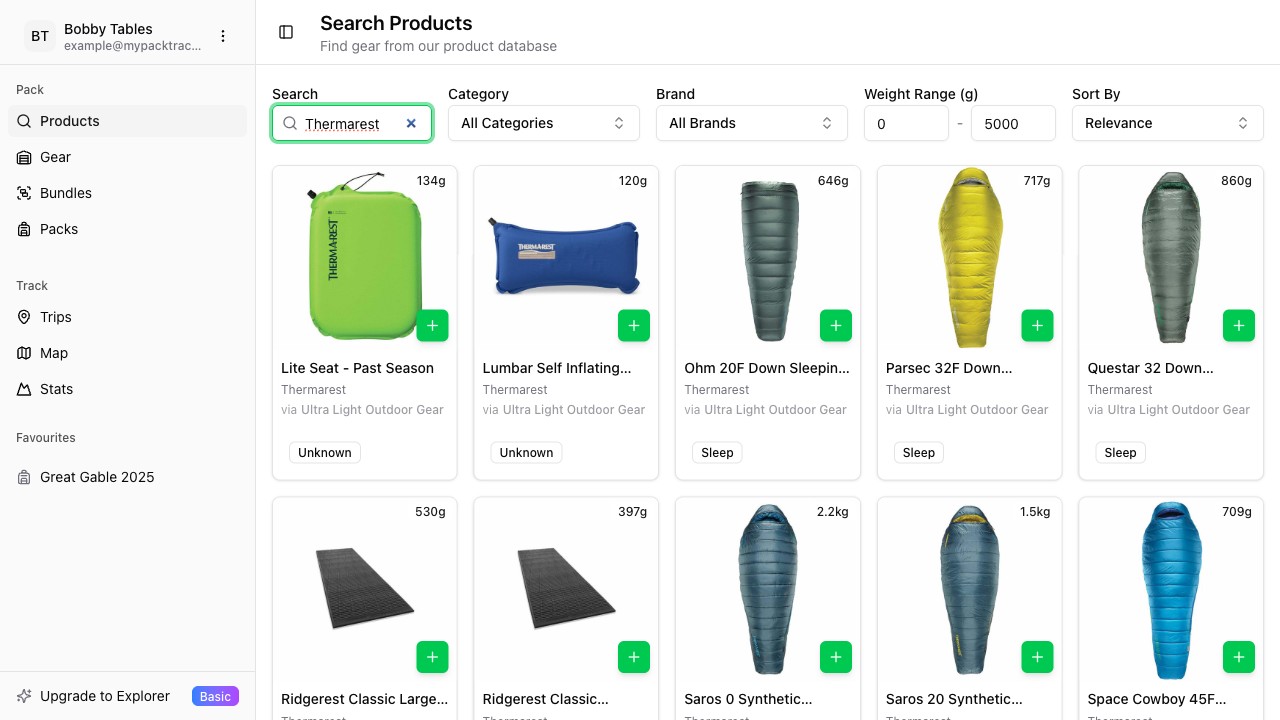 PackTracker product search on desktop