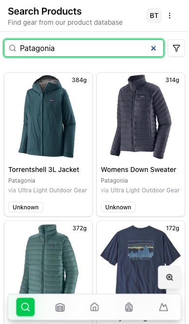 PackTracker product search on mobile