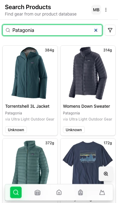 PackTracker product search on mobile