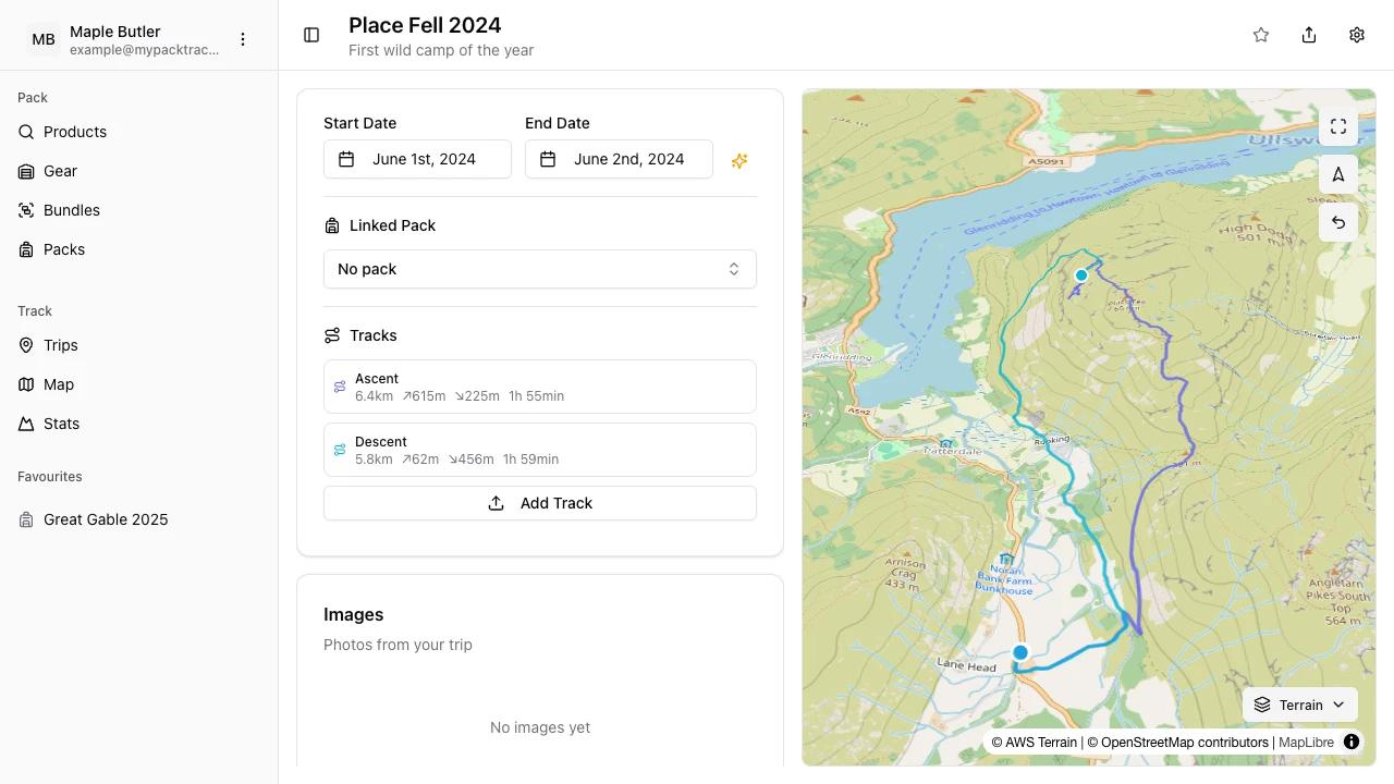PackTracker individual trip view on desktop