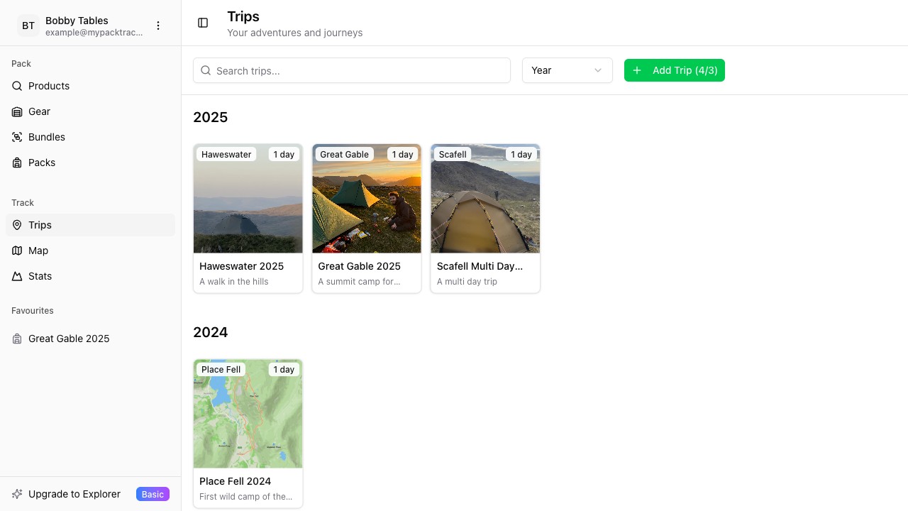 PackTracker trips overview on desktop
