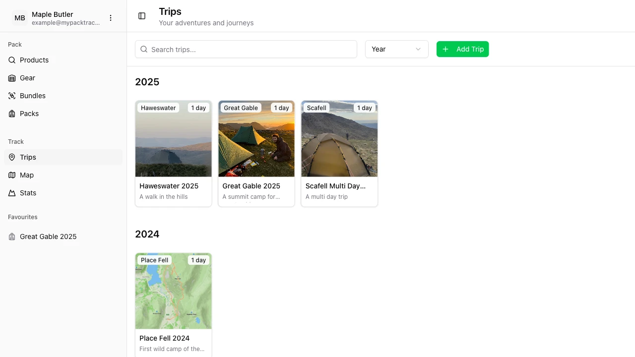 PackTracker trips overview on desktop