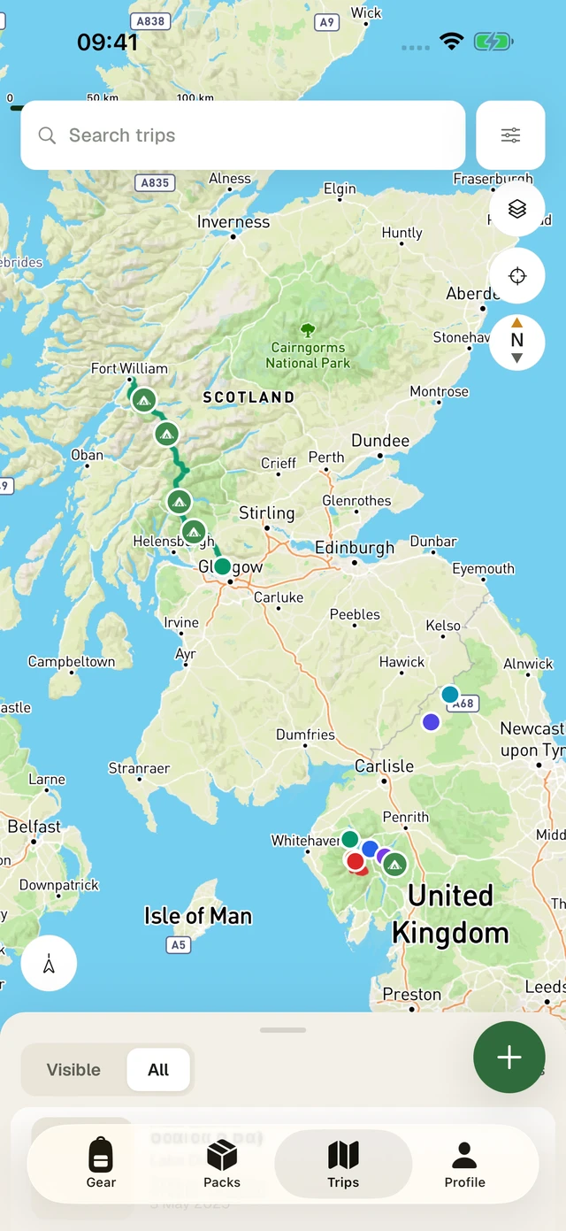 Map of tracked trips in the PackTracker app