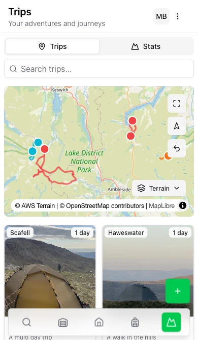 PackTracker trips overview on mobile