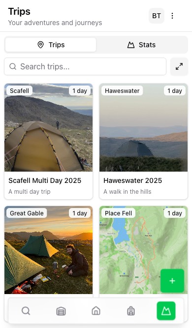 PackTracker trips overview on mobile